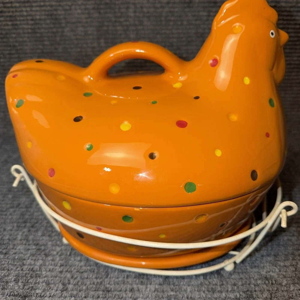 3Pc Temptations By Tara Orange Polka-Dot Hen Chicken Ovenware Basket Lid